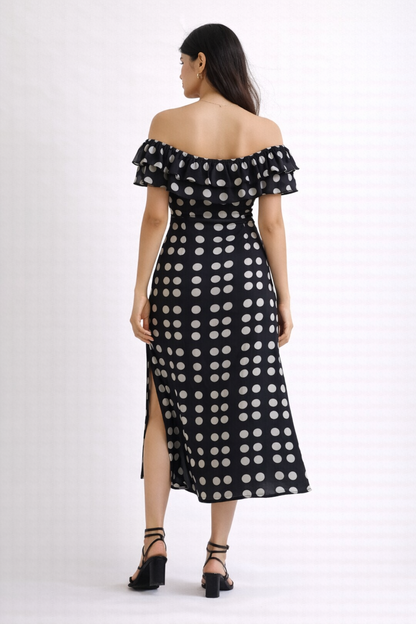 BLACK OFF-SHOULDER POLKA DOT DRESS