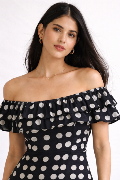 BLACK OFF-SHOULDER POLKA DOT DRESS