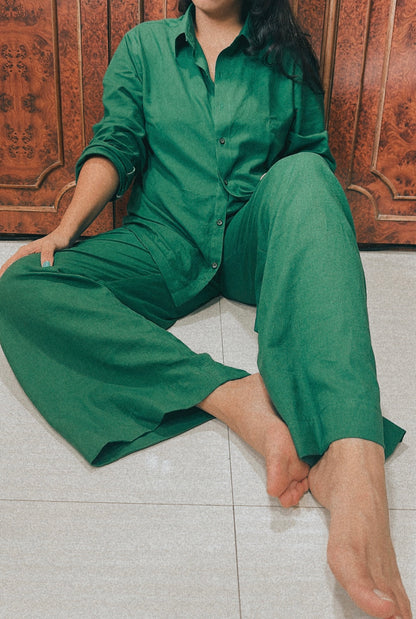 LINEN SHIRT & PALAZZO TROUSER SET - GREEN