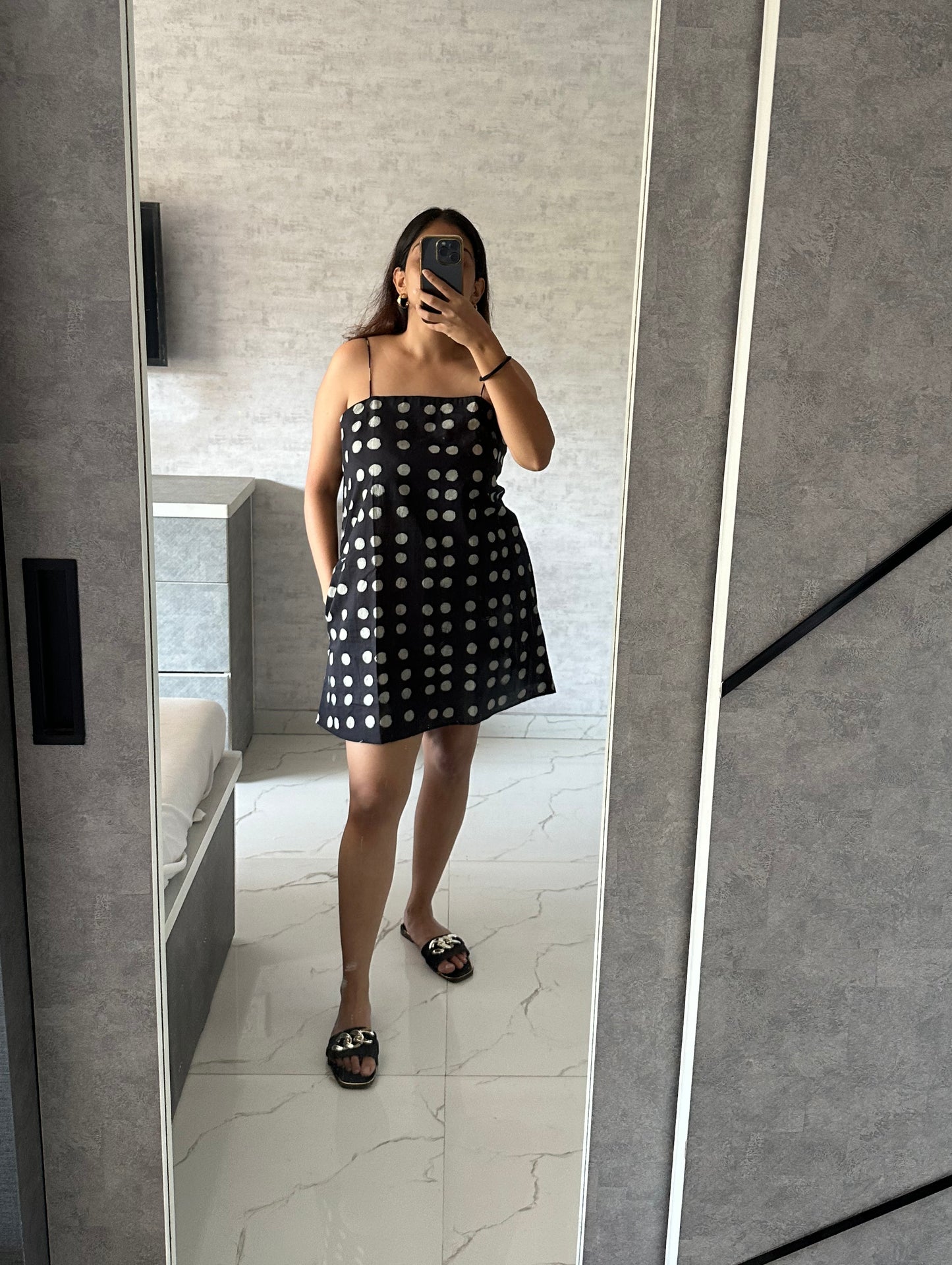 BLUE SHORT POLKA DOT DRESS WITH THIN STRAPS