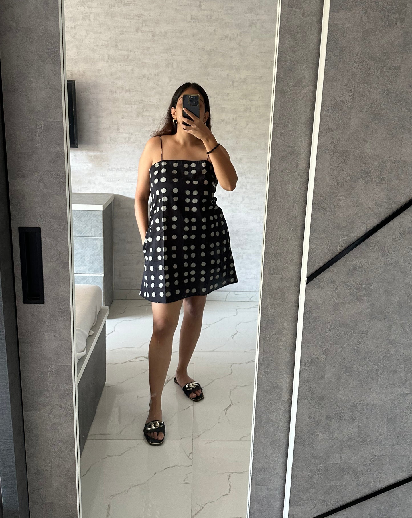 BLUE SHORT POLKA DOT DRESS WITH THIN STRAPS