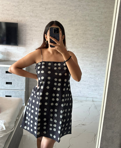 BLUE SHORT POLKA DOT DRESS WITH THIN STRAPS