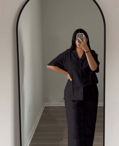 LINEN SHIRT & PLEATED TROUSER SET - JET BLACK