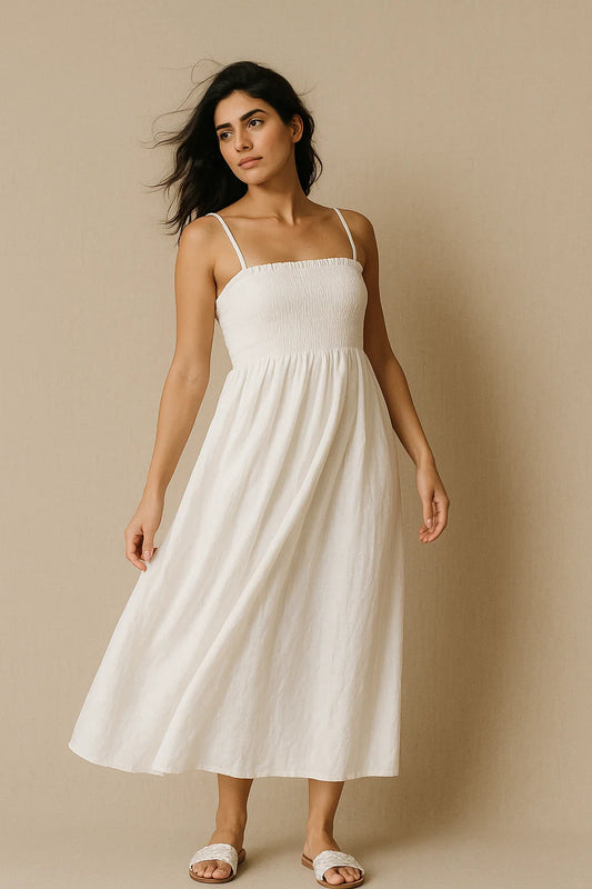 SMOCKED LINEN BLEND DRESS WITH THIN STRAPS - WHITE