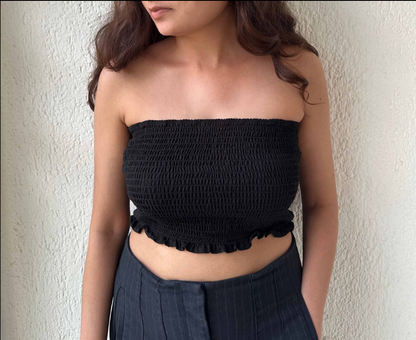 LINEN SMOCKED TOP - JET BLACK