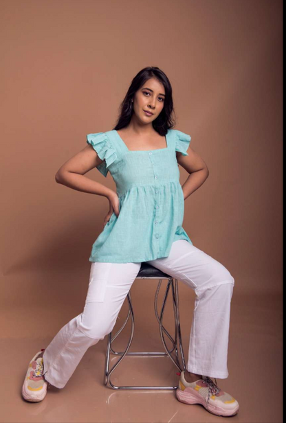 GATHERED MINT BLUE TOP - CELESTE BLUE