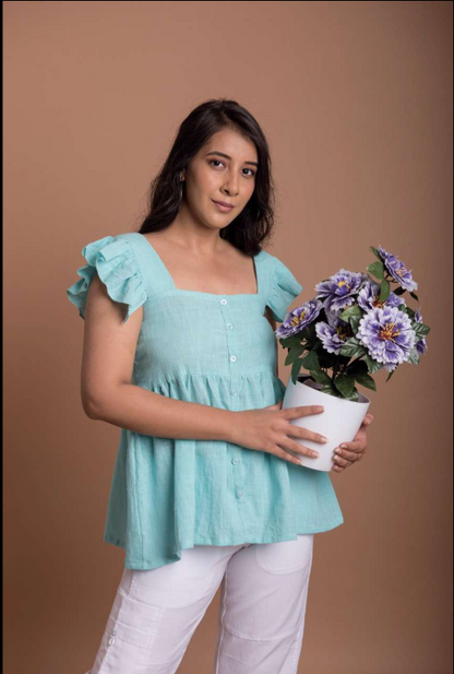 GATHERED MINT BLUE TOP - CELESTE BLUE