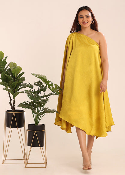 ONE SHOULDER TEXTURED DRESS - BRIGHT YELLOW