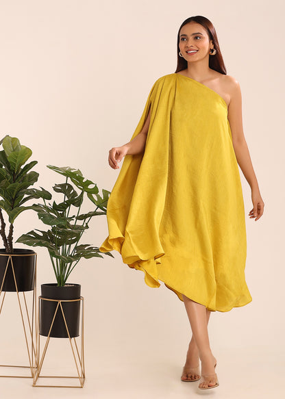 ONE SHOULDER TEXTURED DRESS - BRIGHT YELLOW