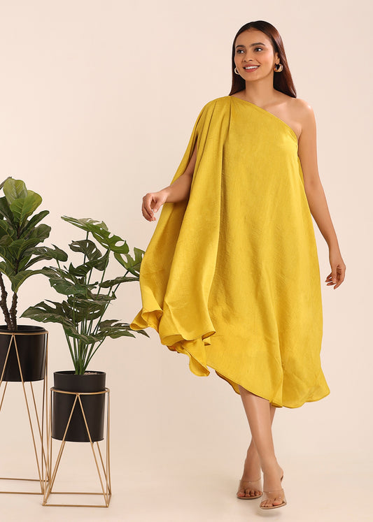 ONE SHOULDER TEXTURED DRESS - BRIGHT YELLOW