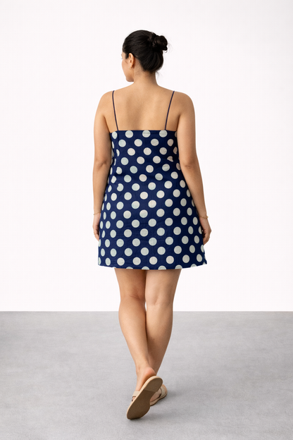 BLUE SHORT POLKA DOT DRESS WITH THIN STRAPS