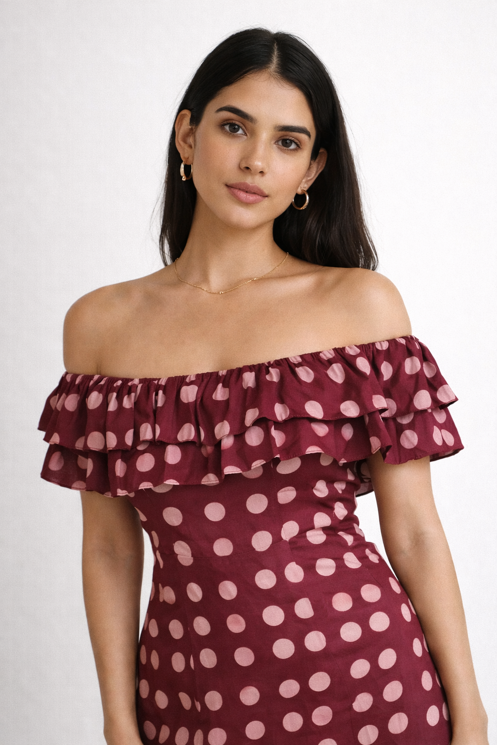 BLACK OFF-SHOULDER POLKA DOT DRESS