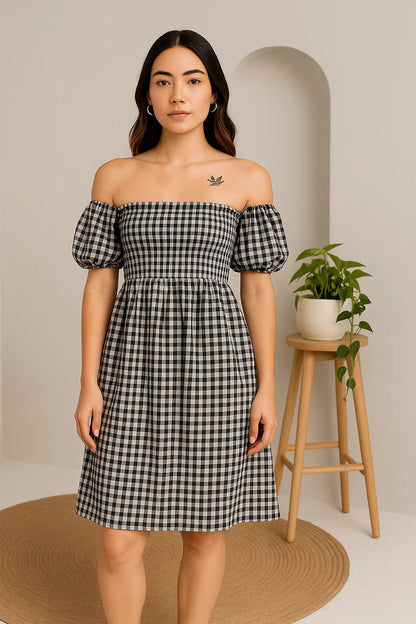 CHECKERED OFF-SHOULDER SHORT DRESS