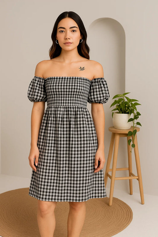 CHECKERED OFF-SHOULDER SHORT DRESS
