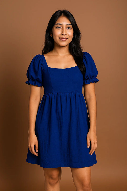 WHITE LINEN DRESS - ROYAL BLUE