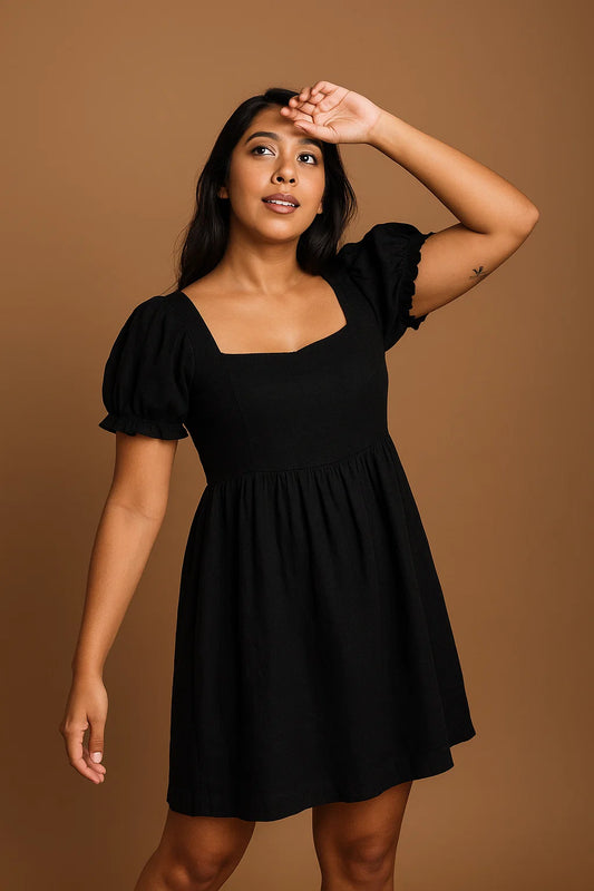 WHITE LINEN DRESS - BLACK