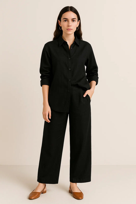 LINEN SHIRT & PALAZZO TROUSER SET - JET BLACK