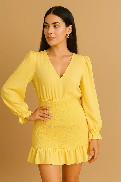 SMOCKED SHORT DRESS - BUTTER YELLOW