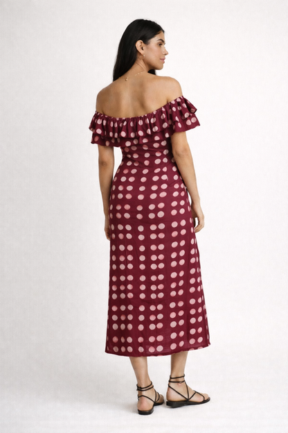 BLACK OFF-SHOULDER POLKA DOT DRESS