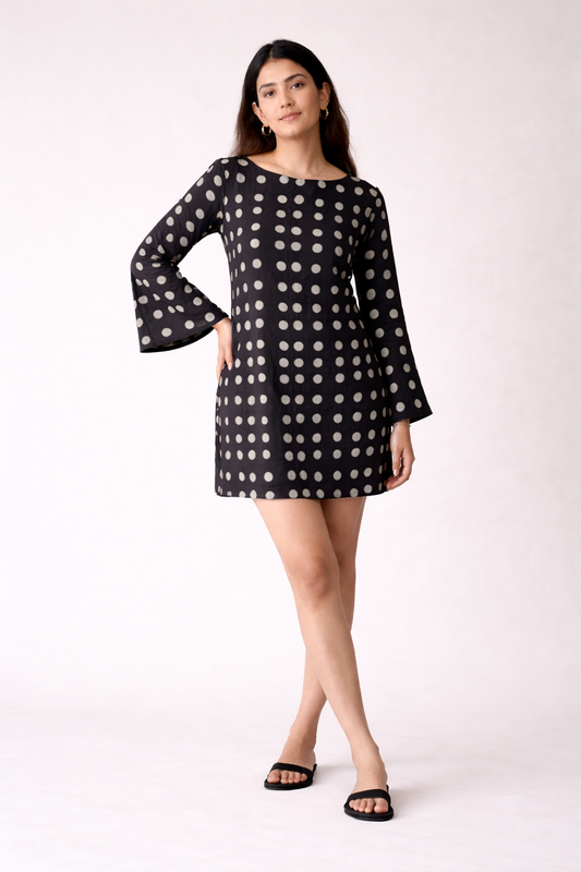 BLACK BELL SLEEVES POLKA DOT DRESS