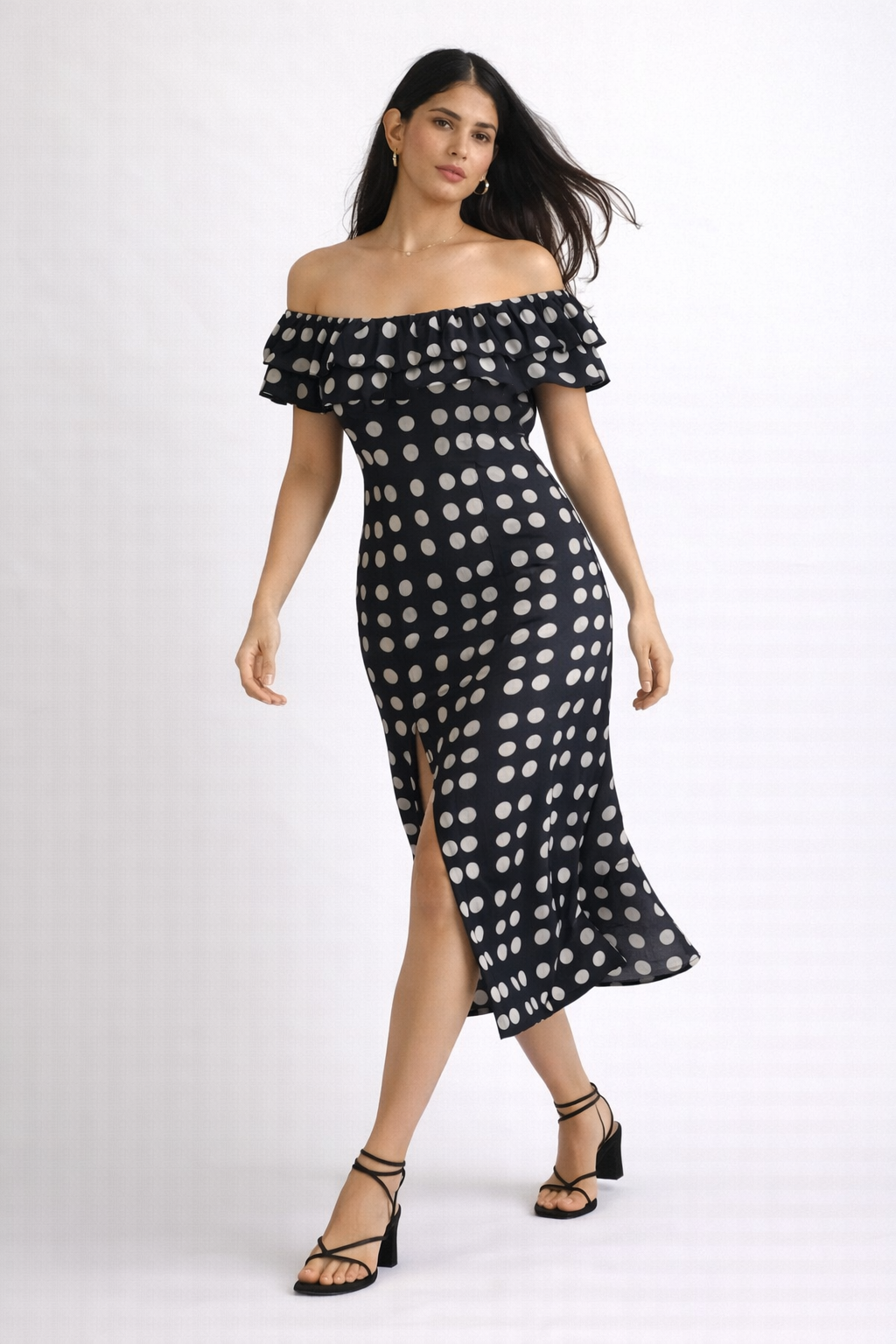 BLACK OFF-SHOULDER POLKA DOT DRESS