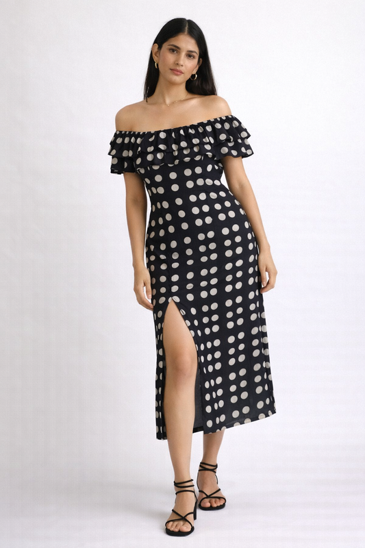 BLACK OFF-SHOULDER POLKA DOT DRESS