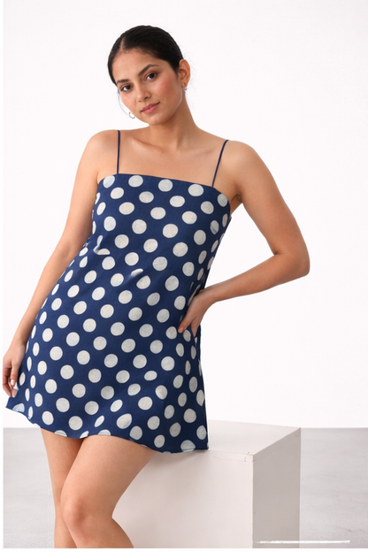 BLUE SHORT POLKA DOT DRESS WITH THIN STRAPS