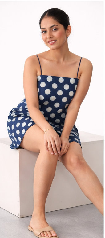 BLUE SHORT POLKA DOT DRESS WITH THIN STRAPS