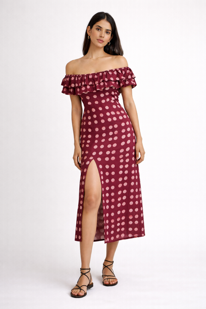 BLACK OFF-SHOULDER POLKA DOT DRESS